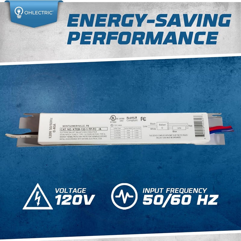 OHLECTRIC Replacement for Keystone KTEB-132-1-TP-FC | 1 Lamp T8 Electronic Fluorescent Ballast | 120V Input with Rapid Start Operation | Finger Case | UL Listed - Image 2